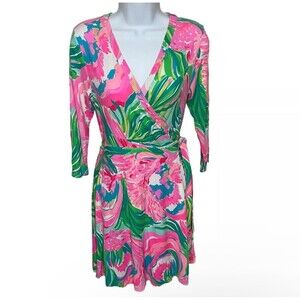 Lilly Pulitzer Emilia Long Sleeve Wrap Dress Paradise Bound Serene Blue Medium